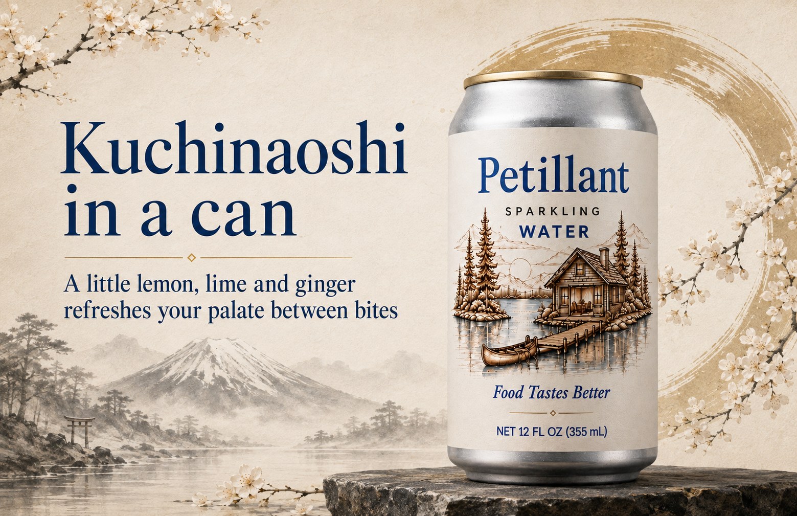 A can of Petillant sparkling water against an ink-wash landscape, with blossom and a gold brush ring.